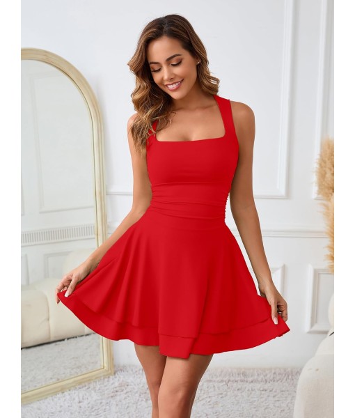 Kaximil Women's Square Neck Ruffle Hem Mini Dress Ruched Waist Short Party Dresses