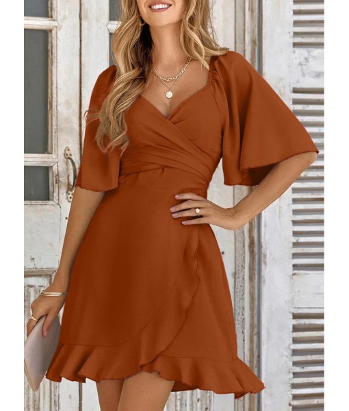 Dokotoo Women's Wrap V Neck Short Flared Sleeve Wedding Guest Dress Smocked Elastic Waist Tiered Belted Ruffle Hem Mini Dress