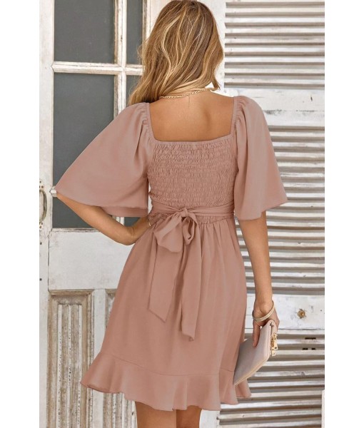 Dokotoo Women's Wrap V Neck Short Flared Sleeve Wedding Guest Dress Smocked Elastic Waist Tiered Belted Ruffle Hem Mini Dress