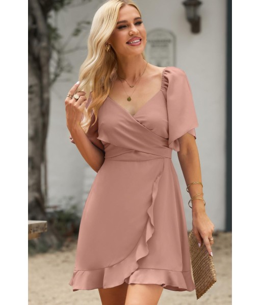 Dokotoo Women's Wrap V Neck Short Flared Sleeve Wedding Guest Dress Smocked Elastic Waist Tiered Belted Ruffle Hem Mini Dress