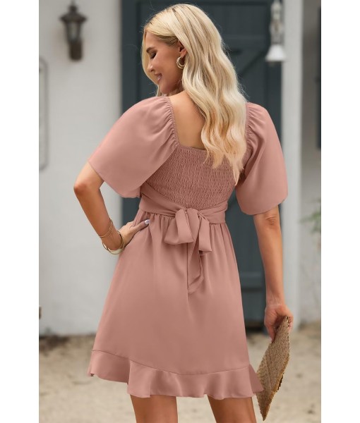 Dokotoo Women's Wrap V Neck Short Flared Sleeve Wedding Guest Dress Smocked Elastic Waist Tiered Belted Ruffle Hem Mini Dress
