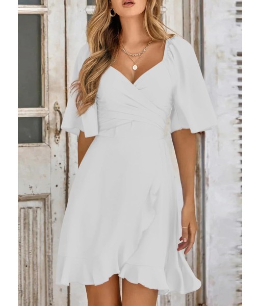 Dokotoo Women's Wrap V Neck Short Flared Sleeve Wedding Guest Dress Smocked Elastic Waist Tiered Belted Ruffle Hem Mini Dress