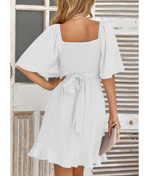 Dokotoo Women's Wrap V Neck Short Flared Sleeve Wedding Guest Dress Smocked Elastic Waist Tiered Belted Ruffle Hem Mini Dress