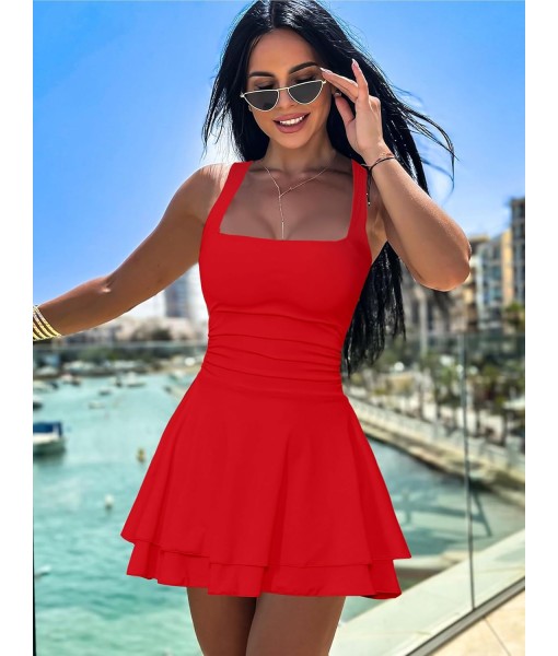 Kaximil Women's Square Neck Ruffle Hem Mini Dress Ruched Waist Short Party Dresses