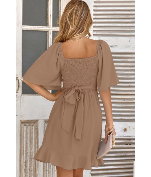 Dokotoo Women's Wrap V Neck Short Flared Sleeve Wedding Guest Dress Smocked Elastic Waist Tiered Belted Ruffle Hem Mini Dress