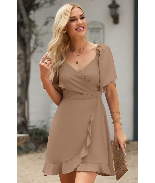 Dokotoo Women's Wrap V Neck Short Flared Sleeve Wedding Guest Dress Smocked Elastic Waist Tiered Belted Ruffle Hem Mini Dress