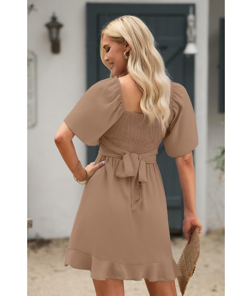 Dokotoo Women's Wrap V Neck Short Flared Sleeve Wedding Guest Dress Smocked Elastic Waist Tiered Belted Ruffle Hem Mini Dress