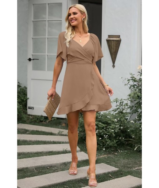 Dokotoo Women's Wrap V Neck Short Flared Sleeve Wedding Guest Dress Smocked Elastic Waist Tiered Belted Ruffle Hem Mini Dress