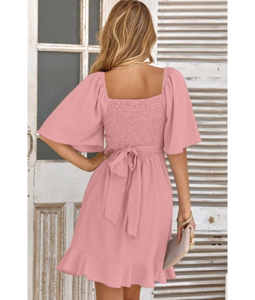 Dokotoo Women's Wrap V Neck Short Flared Sleeve Wedding Guest Dress Smocked Elastic Waist Tiered Belted Ruffle Hem Mini Dress