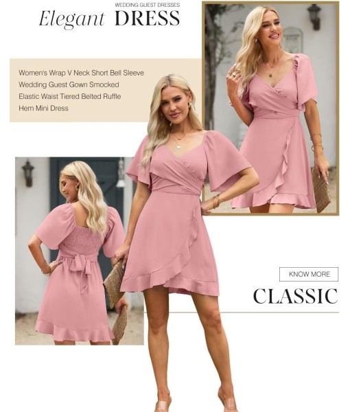 Dokotoo Women's Wrap V Neck Short Flared Sleeve Wedding Guest Dress Smocked Elastic Waist Tiered Belted Ruffle Hem Mini Dress