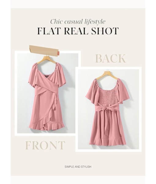 Dokotoo Women's Wrap V Neck Short Flared Sleeve Wedding Guest Dress Smocked Elastic Waist Tiered Belted Ruffle Hem Mini Dress