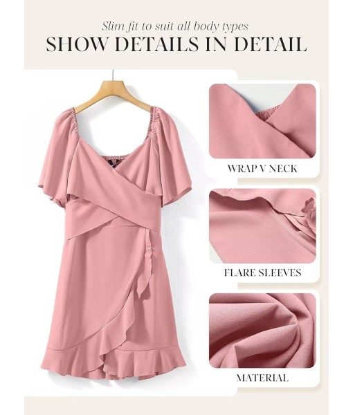 Dokotoo Women's Wrap V Neck Short Flared Sleeve Wedding Guest Dress Smocked Elastic Waist Tiered Belted Ruffle Hem Mini Dress