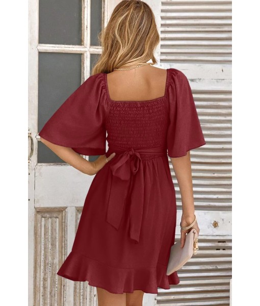 Dokotoo Women's Wrap V Neck Short Flared Sleeve Wedding Guest Dress Smocked Elastic Waist Tiered Belted Ruffle Hem Mini Dress