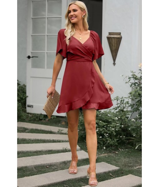 Dokotoo Women's Wrap V Neck Short Flared Sleeve Wedding Guest Dress Smocked Elastic Waist Tiered Belted Ruffle Hem Mini Dress