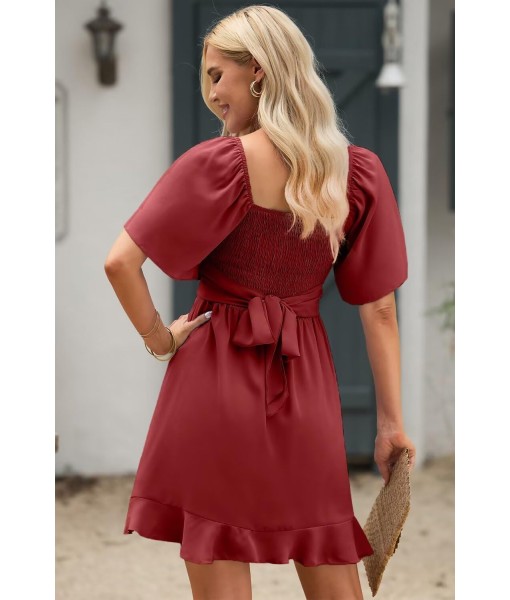 Dokotoo Women's Wrap V Neck Short Flared Sleeve Wedding Guest Dress Smocked Elastic Waist Tiered Belted Ruffle Hem Mini Dress