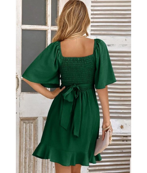 Dokotoo Women's Wrap V Neck Short Flared Sleeve Wedding Guest Dress Smocked Elastic Waist Tiered Belted Ruffle Hem Mini Dress