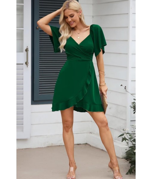 Dokotoo Women's Wrap V Neck Short Flared Sleeve Wedding Guest Dress Smocked Elastic Waist Tiered Belted Ruffle Hem Mini Dress