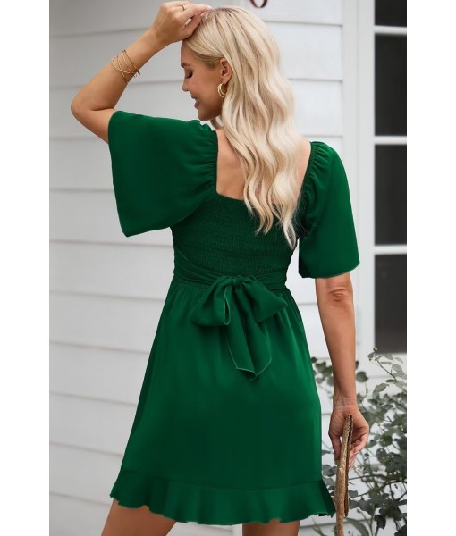 Dokotoo Women's Wrap V Neck Short Flared Sleeve Wedding Guest Dress Smocked Elastic Waist Tiered Belted Ruffle Hem Mini Dress