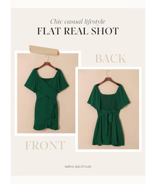Dokotoo Women's Wrap V Neck Short Flared Sleeve Wedding Guest Dress Smocked Elastic Waist Tiered Belted Ruffle Hem Mini Dress