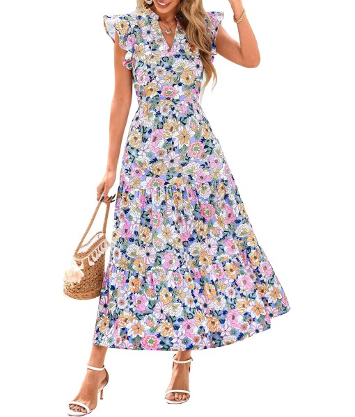 PRETTYGARDEN Women's 2025 Summer Floral Midi Dress Cap Sleeve V Neck Ruffle Long Flowy Boho Casual Beach Vacation Dresses