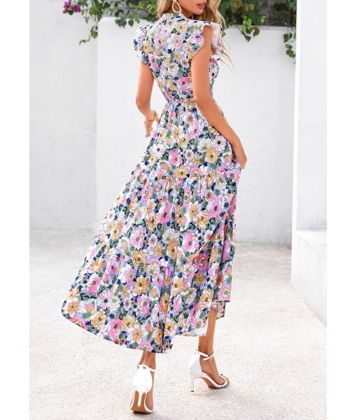 PRETTYGARDEN Women's 2025 Summer Floral Midi Dress Cap Sleeve V Neck Ruffle Long Flowy Boho Casual Beach Vacation Dresses