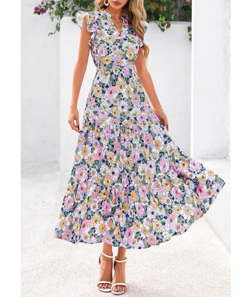 PRETTYGARDEN Women's 2025 Summer Floral Midi Dress Cap Sleeve V Neck Ruffle Long Flowy Boho Casual Beach Vacation Dresses