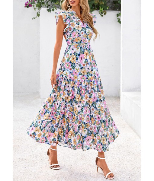 PRETTYGARDEN Women's 2025 Summer Floral Midi Dress Cap Sleeve V Neck Ruffle Long Flowy Boho Casual Beach Vacation Dresses