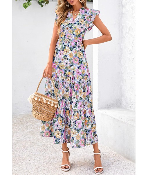 PRETTYGARDEN Women's 2025 Summer Floral Midi Dress Cap Sleeve V Neck Ruffle Long Flowy Boho Casual Beach Vacation Dresses