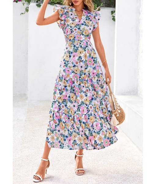 PRETTYGARDEN Women's 2025 Summer Floral Midi Dress Cap Sleeve V Neck Ruffle Long Flowy Boho Casual Beach Vacation Dresses