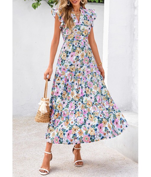 PRETTYGARDEN Women's 2025 Summer Floral Midi Dress Cap Sleeve V Neck Ruffle Long Flowy Boho Casual Beach Vacation Dresses