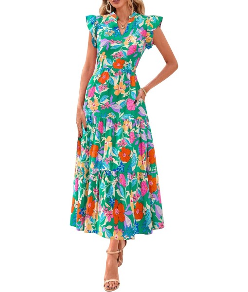 PRETTYGARDEN Women's 2025 Summer Floral Midi Dress Cap Sleeve V Neck Ruffle Long Flowy Boho Casual Beach Vacation Dresses