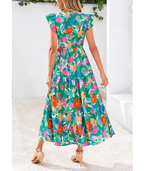 PRETTYGARDEN Women's 2025 Summer Floral Midi Dress Cap Sleeve V Neck Ruffle Long Flowy Boho Casual Beach Vacation Dresses