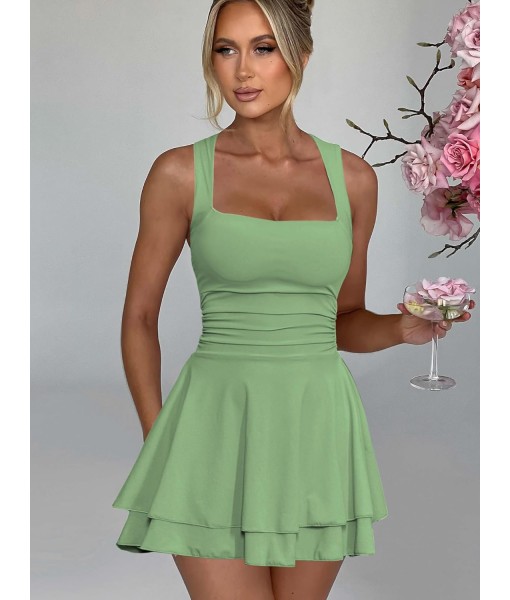 Kaximil Women's Square Neck Ruffle Hem Mini Dress Ruched Waist Short Party Dresses