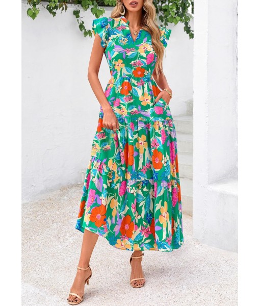 PRETTYGARDEN Women's 2025 Summer Floral Midi Dress Cap Sleeve V Neck Ruffle Long Flowy Boho Casual Beach Vacation Dresses