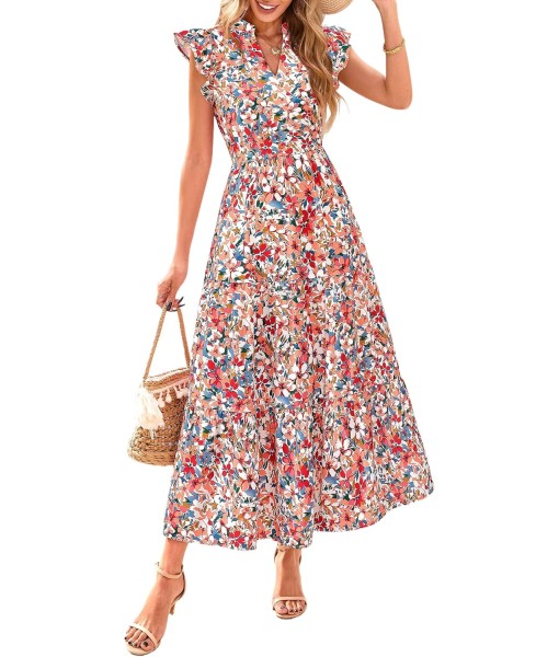 PRETTYGARDEN Women's 2025 Summer Floral Midi Dress Cap Sleeve V Neck Ruffle Long Flowy Boho Casual Beach Vacation Dresses