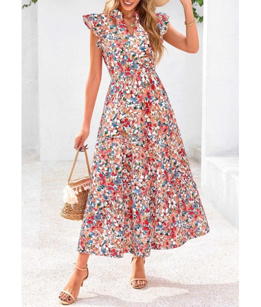 PRETTYGARDEN Women's 2025 Summer Floral Midi Dress Cap Sleeve V Neck Ruffle Long Flowy Boho Casual Beach Vacation Dresses
