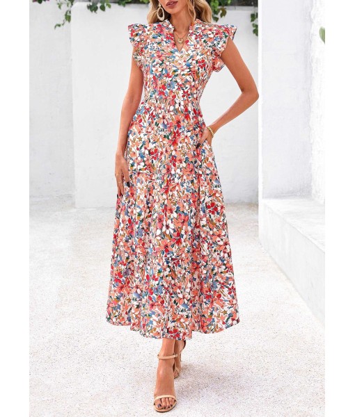 PRETTYGARDEN Women's 2025 Summer Floral Midi Dress Cap Sleeve V Neck Ruffle Long Flowy Boho Casual Beach Vacation Dresses