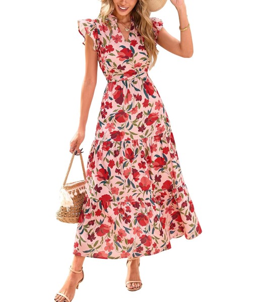 PRETTYGARDEN Women's 2025 Summer Floral Midi Dress Cap Sleeve V Neck Ruffle Long Flowy Boho Casual Beach Vacation Dresses