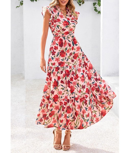 PRETTYGARDEN Women's 2025 Summer Floral Midi Dress Cap Sleeve V Neck Ruffle Long Flowy Boho Casual Beach Vacation Dresses