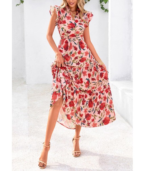 PRETTYGARDEN Women's 2025 Summer Floral Midi Dress Cap Sleeve V Neck Ruffle Long Flowy Boho Casual Beach Vacation Dresses
