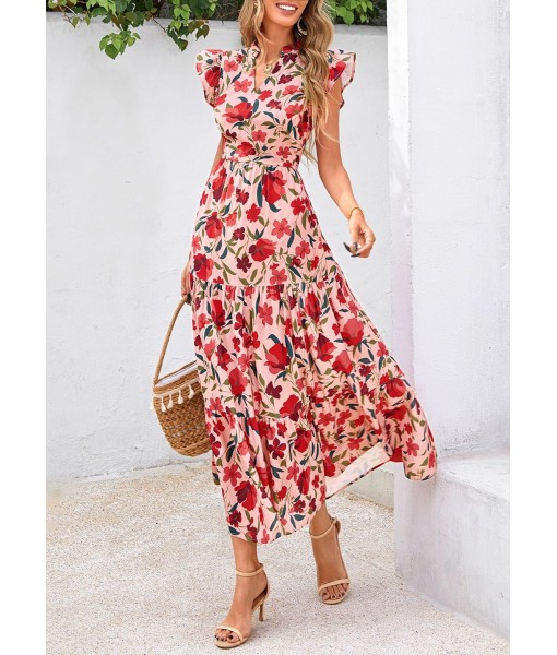 PRETTYGARDEN Women's 2025 Summer Floral Midi Dress Cap Sleeve V Neck Ruffle Long Flowy Boho Casual Beach Vacation Dresses
