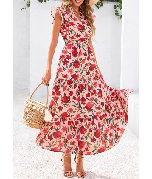 PRETTYGARDEN Women's 2025 Summer Floral Midi Dress Cap Sleeve V Neck Ruffle Long Flowy Boho Casual Beach Vacation Dresses
