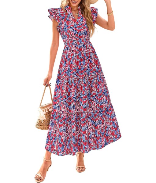 PRETTYGARDEN Women's 2025 Summer Floral Midi Dress Cap Sleeve V Neck Ruffle Long Flowy Boho Casual Beach Vacation Dresses