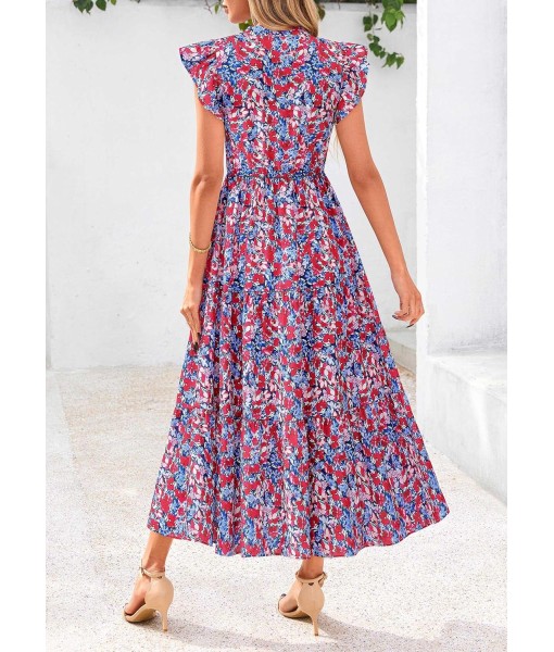 PRETTYGARDEN Women's 2025 Summer Floral Midi Dress Cap Sleeve V Neck Ruffle Long Flowy Boho Casual Beach Vacation Dresses