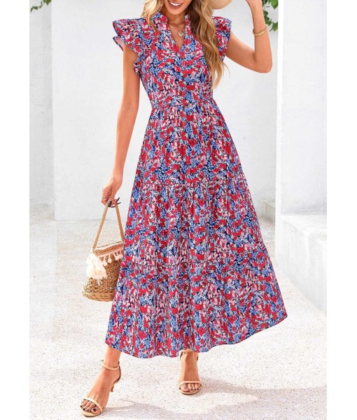 PRETTYGARDEN Women's 2025 Summer Floral Midi Dress Cap Sleeve V Neck Ruffle Long Flowy Boho Casual Beach Vacation Dresses