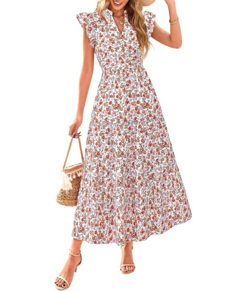 PRETTYGARDEN Women's 2025 Summer Floral Midi Dress Cap Sleeve V Neck Ruffle Long Flowy Boho Casual Beach Vacation Dresses