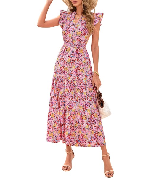 PRETTYGARDEN Women's 2025 Summer Floral Midi Dress Cap Sleeve V Neck Ruffle Long Flowy Boho Casual Beach Vacation Dresses