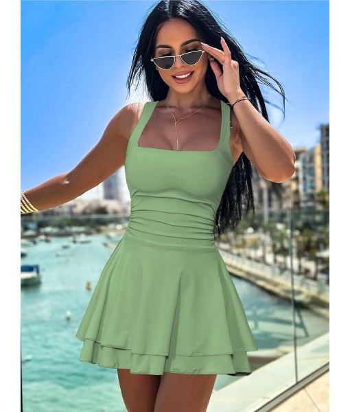 Kaximil Women's Square Neck Ruffle Hem Mini Dress Ruched Waist Short Party Dresses