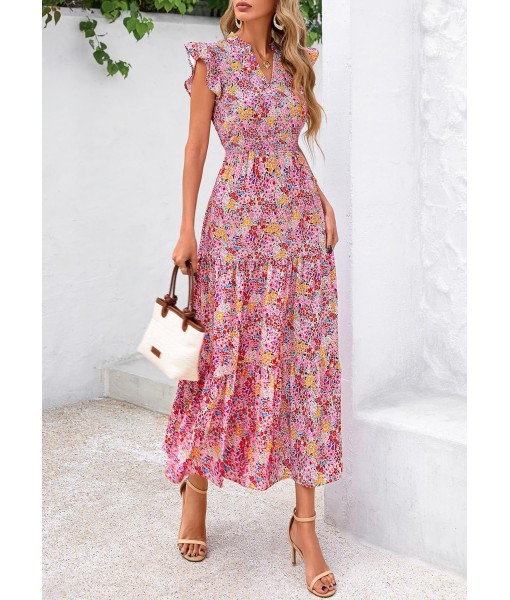 PRETTYGARDEN Women's 2025 Summer Floral Midi Dress Cap Sleeve V Neck Ruffle Long Flowy Boho Casual Beach Vacation Dresses