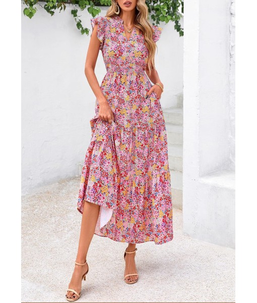 PRETTYGARDEN Women's 2025 Summer Floral Midi Dress Cap Sleeve V Neck Ruffle Long Flowy Boho Casual Beach Vacation Dresses